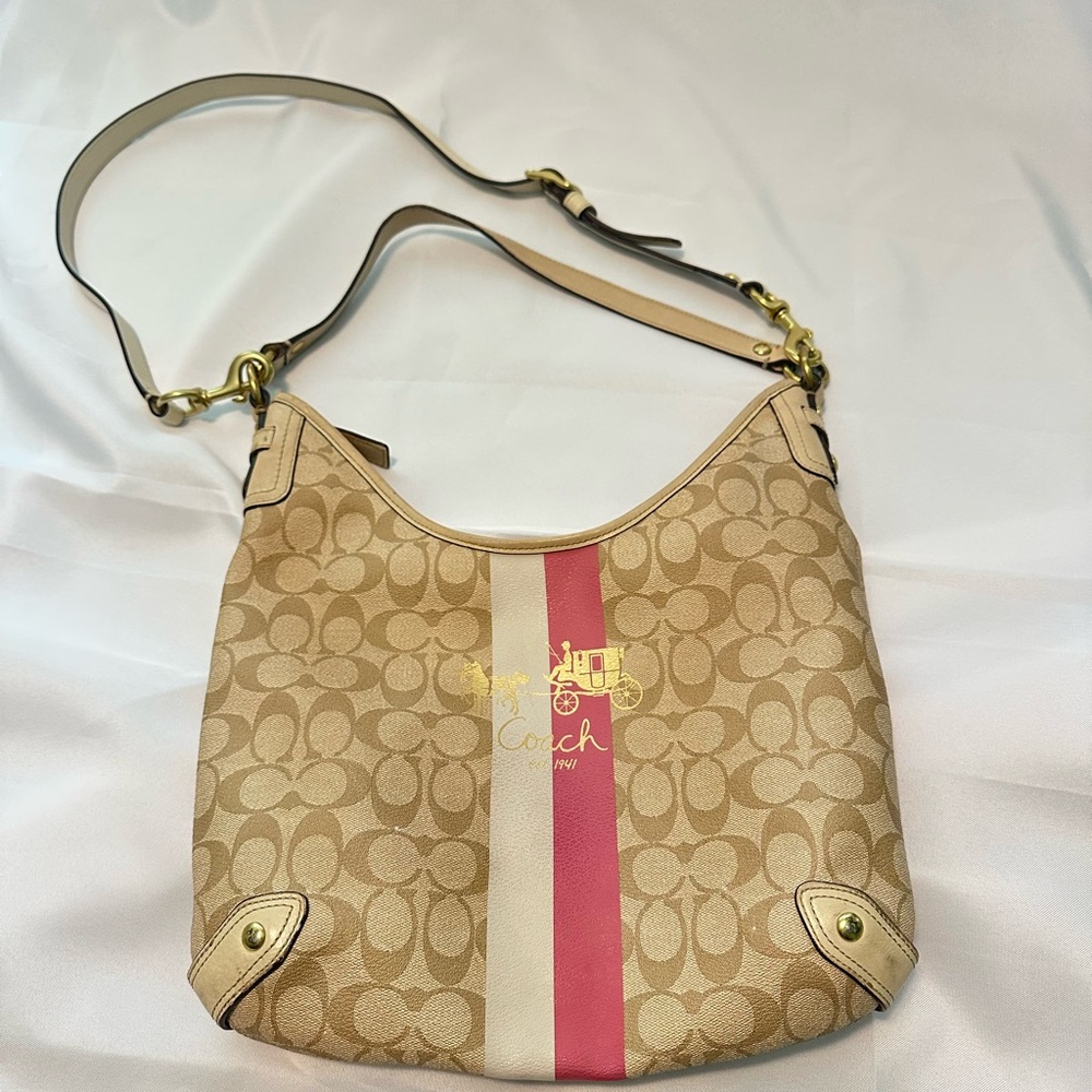 Coach Beige Cream Signature Coated Canvas and Leather Hobo